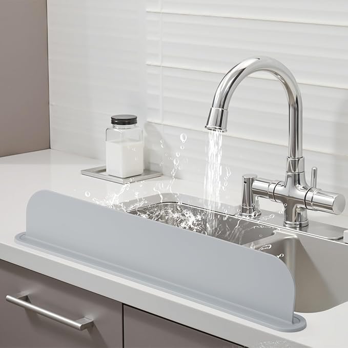 19.3 inch Kitchen Sink Splash Guard, Silicone Sink Baffle Splash Guard, Backsplash Protector for Kitchen Countertop & Bathroom Bathtub with Non-Slip Strong Suction, Gray