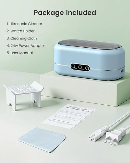 Ultrasonic Jewelry Cleaner, Upgraded Jewelry Cleaner Ultraonic Machine 48KHz for All Jewelry, Eyeglasses, Watches Strap, Dentures, Retainers & More - Light Blue