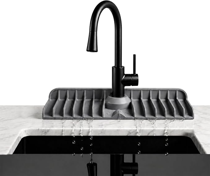 Premium Kitchen Sink Splash Guard – 16" x 5.7" Silicone Faucet Mat with Secure Pressure Clip, True 10° 3D Drainage(No Pooling), Anti-Lift Design, Flexible Leak-Sealing Ring, Non-Slip Fit Behind Faucet