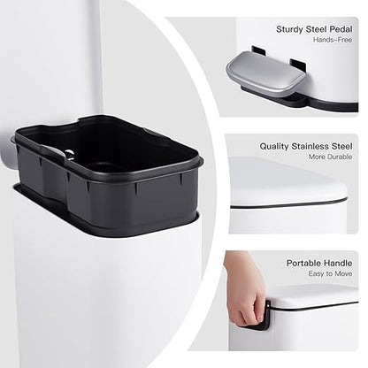 GlowSol Bathroom Trash Can with Lid, 3.2 Gallon 12 L Stainless Steel Step Trash Can with Removable Liner Bucket, Slim Small Wastebasket for Toilet Bedroom Office, White