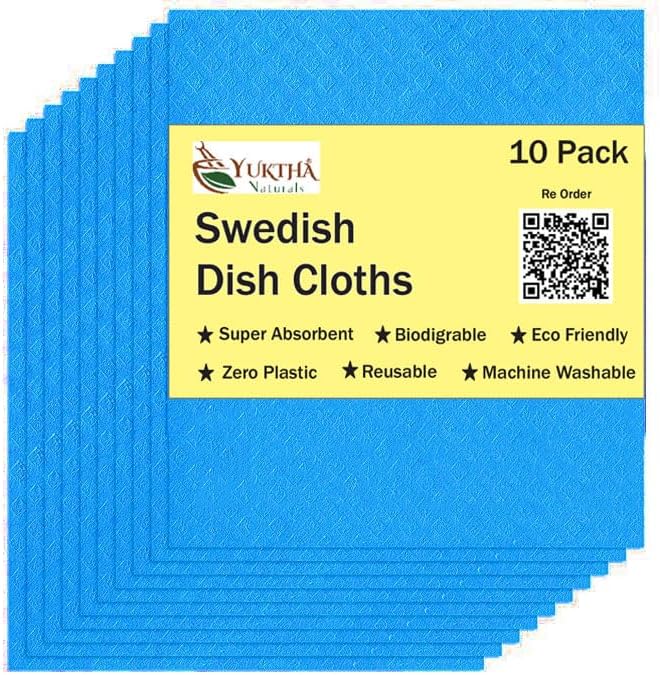 Swedish Dish Cloths - 10 Pack Reusable Kitchen Dishcloths - Ultra Absorbent Dish Towels for Washing Dishes - Cellulose Sponge Cloth Cleaning Rag (Blue)