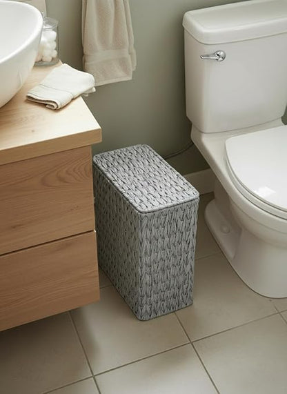 Coeusy 3 Gallon Wicker Trash Can,Grey Bathroom Trash Cans with Lid,Waterproof Slim Waste Basket for Bedroom,Home Office,Narrow Garbage Can with Removable Liner