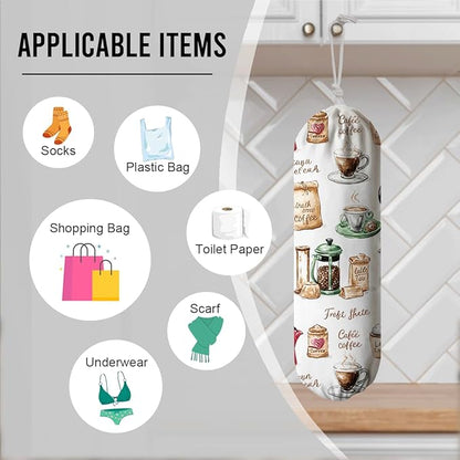 Coffee Pot Plastic Bag Holder, Reusable Shopping Bags Storage Dispenser, Garbage Trash Bag Dispenser for Home Kitchen Pantry Cabinet, Wall Mount, Kitchen Housewarming Gifts for Coffee Lover