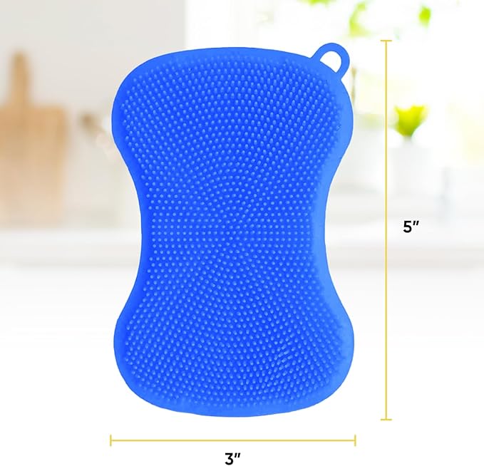 Silicone Heat Resistant Dishwasher Sponge, Fruit Cleaner, Vegetable Washer, Non Scratch Durable Bristles, Blue 3-Pack (9)