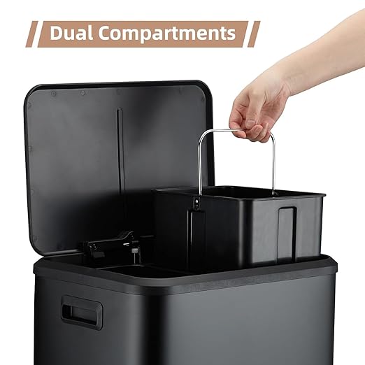 GAOMON Dual Trash Can, 2 x 4 Gal (2 x 15L) Stainless Steel Trash Can with Recycling Bin, Soft-Close Lid, Step-on Garbage Bin - with Removable Plastic Inner Buckets, Black