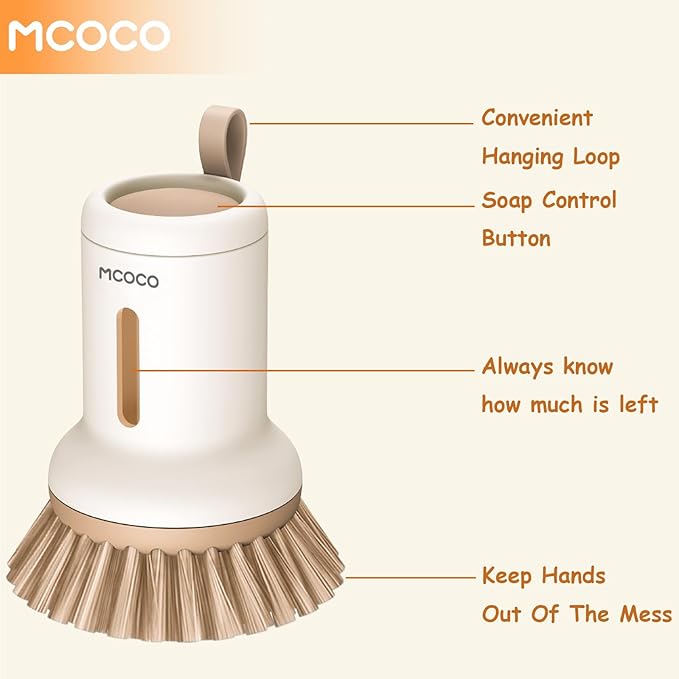 Soap Dispensing Palm Brush Scrub Brush with Soap Dispenser Palm Dish Brush Soap Dispenser Brush Dish Scrub Brush for Kitchen Cleaning, Pan, Pot, Sink 2 Pack White