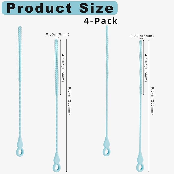 Silicone Straw Cleaner Brush, 4Pcs Reusable Straw Brush Set with Extra-Long Design for Cleaning Thin Metal Straws and Wider Milkshake Straws （6mm+9mm Blue)