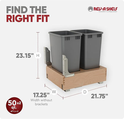 Rev-A-Shelf 50 Qt Bottom Mount Double Pullout Under Cabinet Trash Cans w/Soft-Close for Base Cabinets, Min Opening Width of 17.5", Metallic Silver, 4WCBM-2150DM-2