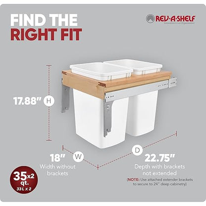 Rev-A-Shelf Top Mount Double Pullout Under Cabinet 35 Quart Kitchen Trash Cans with 150 Pound Rated Full-Extension Slides, 4WCTM-21DM2