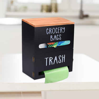 2 in 1 Trash Bag Holder with Grocery Bag Holder, Wooden Trash Bag Dispenser Wall Mounted, Trash Bag Organizer for Countertop/Under Sink, Garbage Bag Holder Dispenser for Plastic Bags, Black