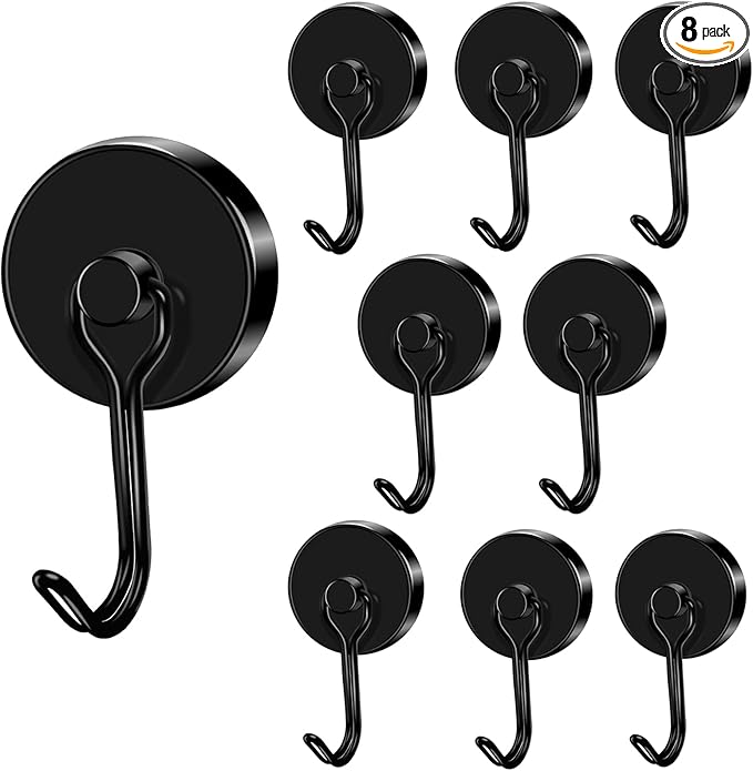 LOVIMAG Hooks, 120lbs+ Magnetic Magnet Hook 2025 Cruise Cabin Ship Essentials Heavy Duty Strong Refrigerator Fridge Hanging for Classroom Beach Vacation Kitchen Grills Home Mug Hanger (8 Pack), Black