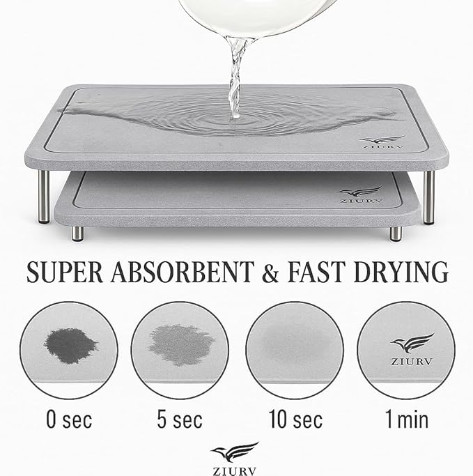 6 PCS Stone Drying Mat Set for Kitchen Counter, 2 Large Diatomaceous Earth Dish Drying Mats with Stainless Steel Legs, Dish Rack, Soap Dispenser Set with Tray, Quick Expandable System Dish Dryer Mat