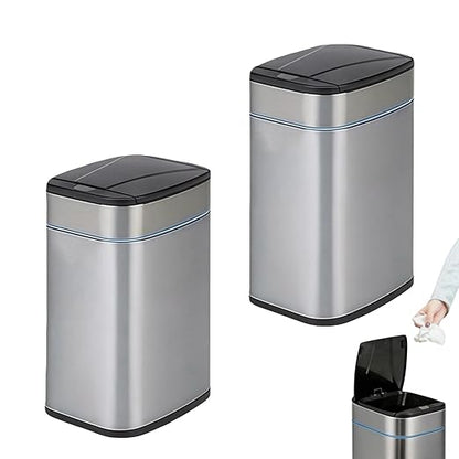 Garbage Can with Lid, Intelligent Sensor Opening and Closing, Small Garbage Can for Living Room, Bedroom, Kitchen and Bathroom (2, Square Silver)