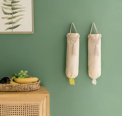 Mkono 2 Pack Macrame Plastic Bag Holder Grocery Organizer Shopping Trash Bag Dispenser Camper Boho Decor Storage for Kitchen Closet Pantry Laundry Room, Ivory, 6.3”W x 15.7”L