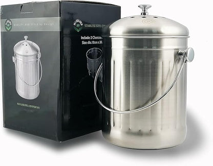 NewlineNY Stainless Steel Indoor Compost Bin for Kitchen Countertop, 1.3 Gallon Recycling Pail Bucket with 2 Charcoal Filters