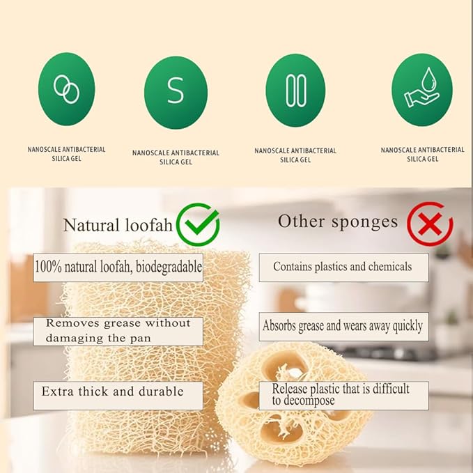 Natural Loofah Sponges 3-Pack, Extra Dense Long-Lasting for Dishes Body, 100% Plant Fiber Exfoliating Scrubber, Eco-Friendly Kitchen Sponge, Biodegradable, Gentle on Skin, Cookware