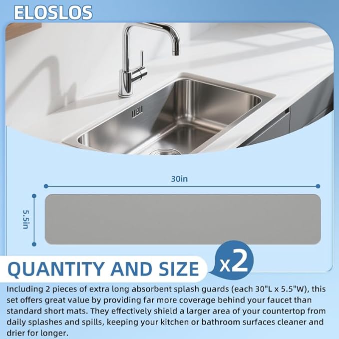 2Pcs 30"L x 5.5"W Customizable Sink Faucet Mat for Kitchen Sink 2 Holes & 3 Holes, DIY Cut for Oval/Rectangle/Square Faucets, Extra Long Quick-Drying Absorbent Splash Guard Counter Protector, Gray