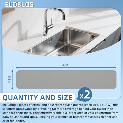2Pcs 30"L x 5.5"W Customizable Sink Faucet Mat for Kitchen Sink 2 Holes & 3 Holes, DIY Cut for Oval/Rectangle/Square Faucets, Extra Long Quick-Drying Absorbent Splash Guard Counter Protector, Gray