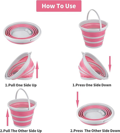 Collapsible Bucket 10L 2.6 Gallon Cleaning Bucket Mop Bucket Folding Foldable Portable Small Plastic Water Supplies for Outdoor Garden Camping Fishing Car Wash Space Saving Pink