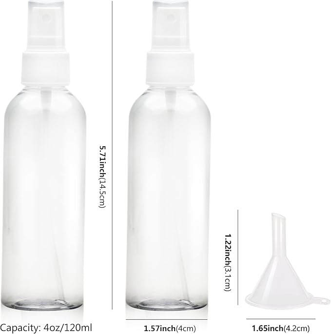 4oz Empty Spray Bottles, Small Plastic Travel Bottles Set for Liquids, Refillable Hand Spritzer Clear Alcohol Pump Bottles for Liquids with Small Funnel (3 Pieces)