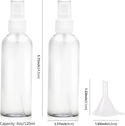 4oz Empty Spray Bottles, Small Plastic Travel Bottles Set for Liquids, Refillable Hand Spritzer Clear Alcohol Pump Bottles for Liquids with Small Funnel (3 Pieces)