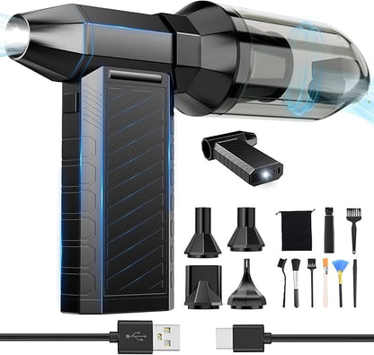 Preciva 2-in-1 Compressed Air Duster, 180,000 RPM High-Speed Turbo Electric Duster & Vacuum with 3-Second Deep Cleaning, Rechargeable Battery, 6 Attachments and LED Light for Keyboard, PC, Car, Home