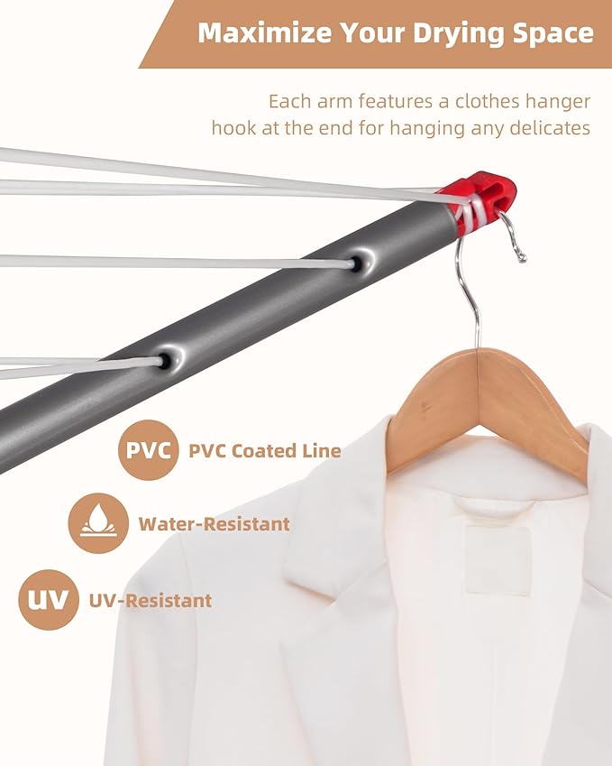 STORAGE MANIAC Portable Umbrella Clothes Drying Rack 8 Lines with 82 Feet Drying Space, Steel Frame & Adjustable Height, 4-arm Umbrella Clothesline for Laundry, Collapsible Indoor & Outdoor Drying