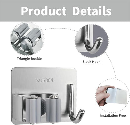 5 Pack Mop and Broom Holder Wall Mount, Silver Stainless Steel Mop and Broom Hanger with Hooks, Mop Broom Organizer for Closet Laundry Garage Garden Tool Organizer (Silver)