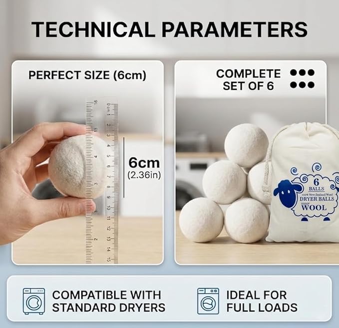 XL Wool Dryer Balls (6-Pack) - 100% Organic New Zealand Wool Laundry Balls for Dryer - Natural Fabric Softener & Reusable Anti Static Solution to Reduce Wrinkles & Shorten Drying Time