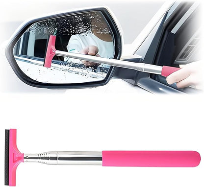 Car Rear View Mirror Wiper, 38.58 In Handle Car Window Squeegee, Retractable Auto Glass Squeegee, Portable Mirror Cleaner Tool for Auto Glass Water Removal Fog Snow (Pink)