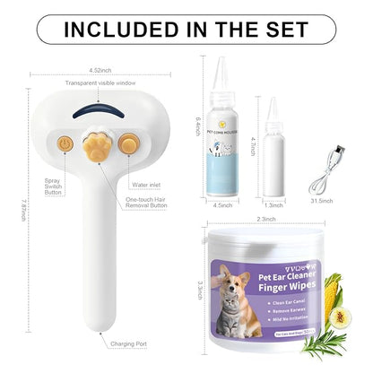 Pet Steam Brush for Dog & Cat – 3-in-1 Spray Hair Removal Comb for Shedding & Grooming, Softens Fur & Reduces Static – Water Brush for Long & Short Coats, Bath-Hating Pets, Includes Waterless Shampoo