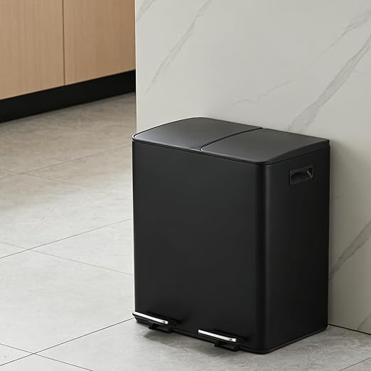 Dual 2 x 8 gal (2 x 30L) Compartments Stainless Steel Trash Can, Soft-Close Sealed Lid, Foldable Foot Pedal, Removable Inner Buckets, Removable Plastic Inner Buckets, Garbage Bin for Kitchen, Office