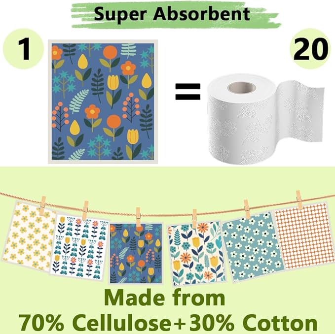 6Pcs 6 Styles Swedish Dishcloths for Kitchen Reusable Quick Drying Sponge 7.7 x 6.8 Inch Countertop Cleaning, Floral Dish Cloths Absorbent Decorative Towels for Dishes Home Tableware Use