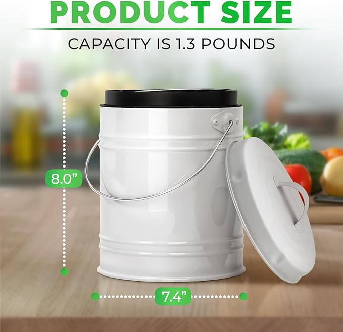 Plexon Kitchen Compost Bin with Lid, 1.3 Gallon Metal Countertop Compost Bucket Pail, Indoor Composter - White