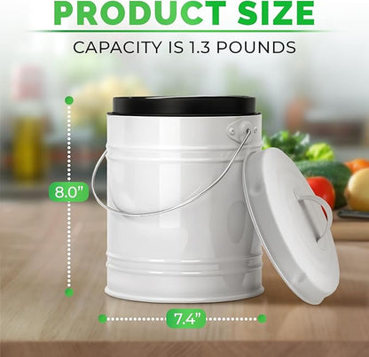 Plexon Kitchen Compost Bin with Lid, 1.3 Gallon Metal Countertop Compost Bucket Pail, Indoor Composter - White