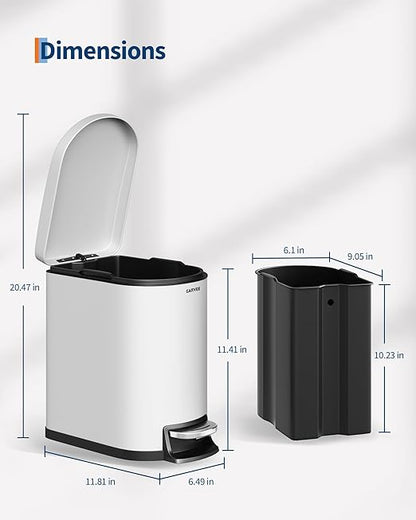 Garvee 1.6 gal / 6 L Metal Bathroom Trash Can with Lid, Slim Waterproof Garbage Can for Bedroom, Small Step-on Trash Bin with Inner Bucket, Rear Handle, Soft Close Lid, White