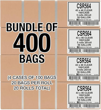 Aluf Plastics - Tough Garbage Bag, 56 Gallon, 2 Mil (eq), 43"x46", Clear, 400 Count (5 Rolls of 20)