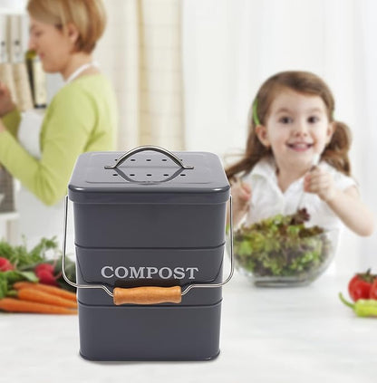 Stainless Steel Compost Bin, 1 Gallon, Kitchen Countertop Compost Bin, Includes Charcoal Filter, Compost Bucket Kitchen Pail Compost with Lid, Gray