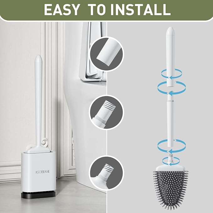 Deep Cleaner Toilet Brush: Silicone Toilet Brush with No-Slip Long Plastic Handle and Flexible Bristles, Quick Drying Holder Set for Toilet（White）