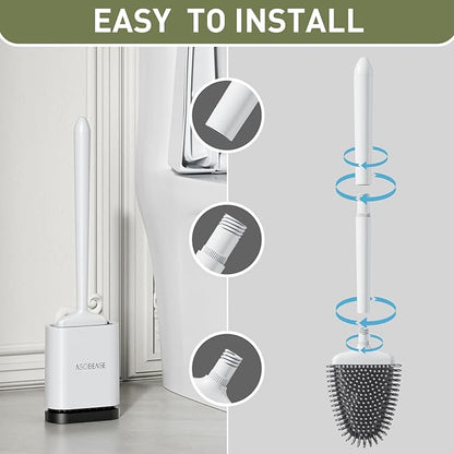 Deep Cleaner Toilet Brush: Silicone Toilet Brush with No-Slip Long Plastic Handle and Flexible Bristles, Quick Drying Holder Set for Toilet（White）