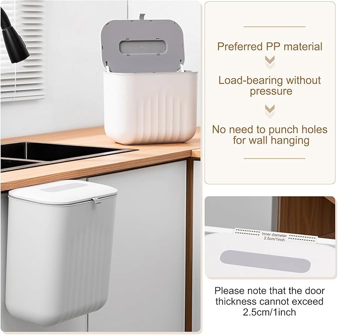 uxcell Kitchen Compost Bin Hanging Small Trash Can, 7L/1.8Gallon Plastic Trash Can with Lid, Suitable for Countertop, Under Sink or Wall Mounted, White