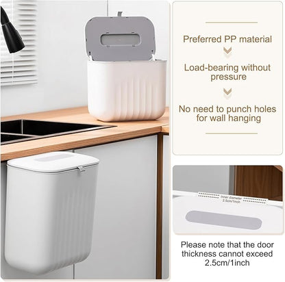 uxcell Kitchen Compost Bin Hanging Small Trash Can, 7L/1.8Gallon Plastic Trash Can with Lid, Suitable for Countertop, Under Sink or Wall Mounted, White