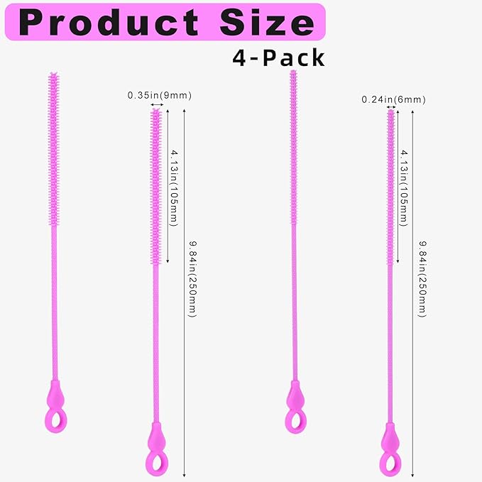 Silicone Straw Cleaner Brush, 4Pcs Reusable Straw Brush Set with Extra-Long Design for Cleaning Thin Metal Straws and Wider Milkshake Straws （6mm+9mm Purple)