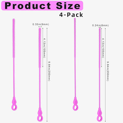 Silicone Straw Cleaner Brush, 4Pcs Reusable Straw Brush Set with Extra-Long Design for Cleaning Thin Metal Straws and Wider Milkshake Straws （6mm+9mm Purple)