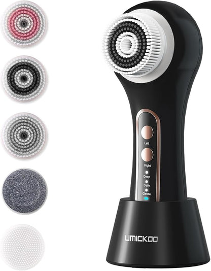UMICKOO Electric Facial Cleansing Brush, 2-Way Rotating Face Scrubber for Daily & Deep Cleaning, 3 Modes, 5 Brush Heads, Rechargeable, IPX7 Waterproof for All Skin Types