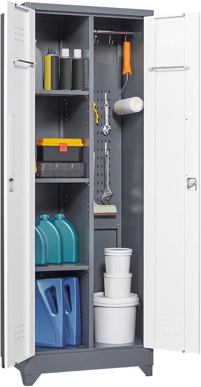 65"H Metal Broom Closet Storage Cabinet, Freestanding Garage Storage Cabinet with Hanging Rod and Locking Doors, Bathroom Storage Cabinet, Cleaning Tool Cabinet for Garage Patio Garden, Grey White