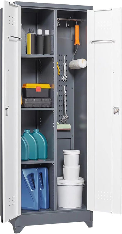 65"H Metal Broom Closet Storage Cabinet, Freestanding Garage Storage Cabinet with Hanging Rod and Locking Doors, Bathroom Storage Cabinet, Cleaning Tool Cabinet for Garage Patio Garden, Grey White
