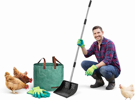 2-in-1 Chicken Poop Scooper for Coop Cleaning – Chicken Coop Scoop & Rake for Sand, Includes Gloves and Waste Bag – Ideal for Chicken Coops & Small Farm Animals (Black)