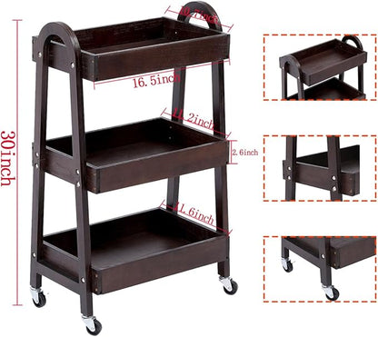 3-Tier Wooden Rolling Cart- Wooden Utility Cart wit Wheels- Utility Rolling Cart-Storage Trolley Organizer- Rolling Kitchen Cart Serving Cart for Office,Kitchen, Kids' Room (Walnut Color)