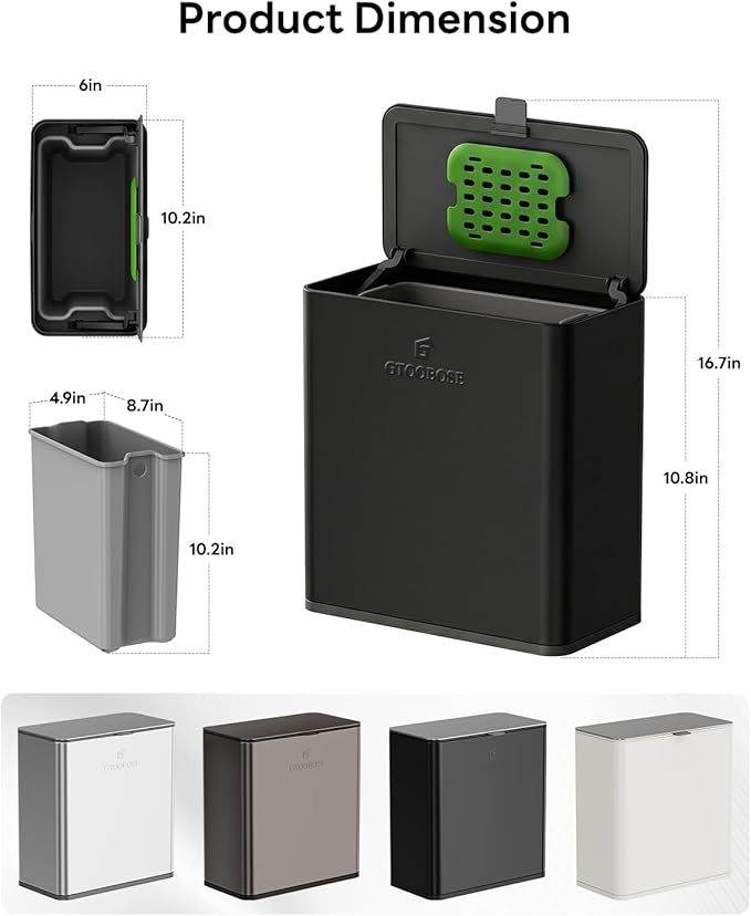 Kitchen Compost Bin, 8L/2.1G Small Trash Can with Lid, Slim Stainless Steel Hanging Garbage Bin for Kitchen, Bathroom, Bedroom, Office, Wall Mounted Compost Bin with Inner Bucket, Black